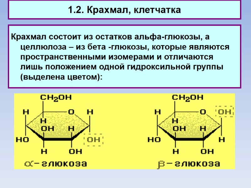 1.2. Крахмал, клетчатка Крахмал состоит из остатков альфа-глюкозы, а целлюлоза – из бета -глюкозы,